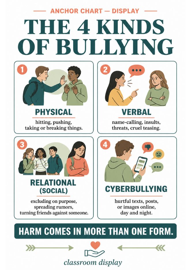 Anchor chart: The 4 kinds of bullying