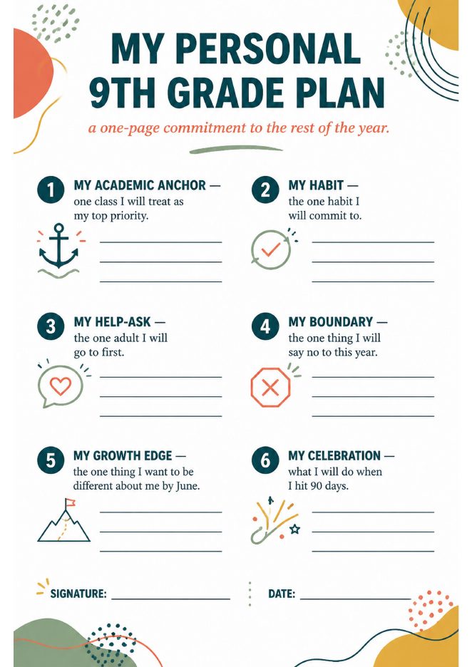 My personal 9th grade plan: a one-page commitment with six prompts and a signature line