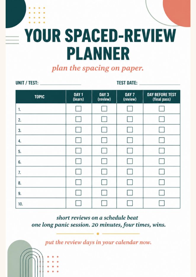 Spaced review planner worksheet with columns for day 1, day 3, day 7 and the day before the test