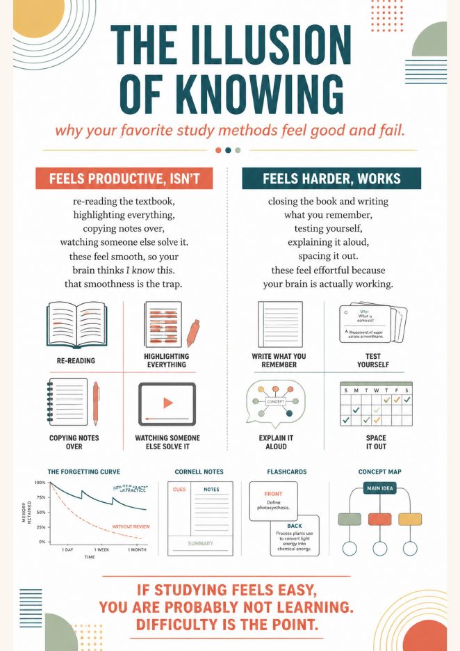 The illusion of knowing: study methods that feel productive but are not, versus methods that feel harder and work